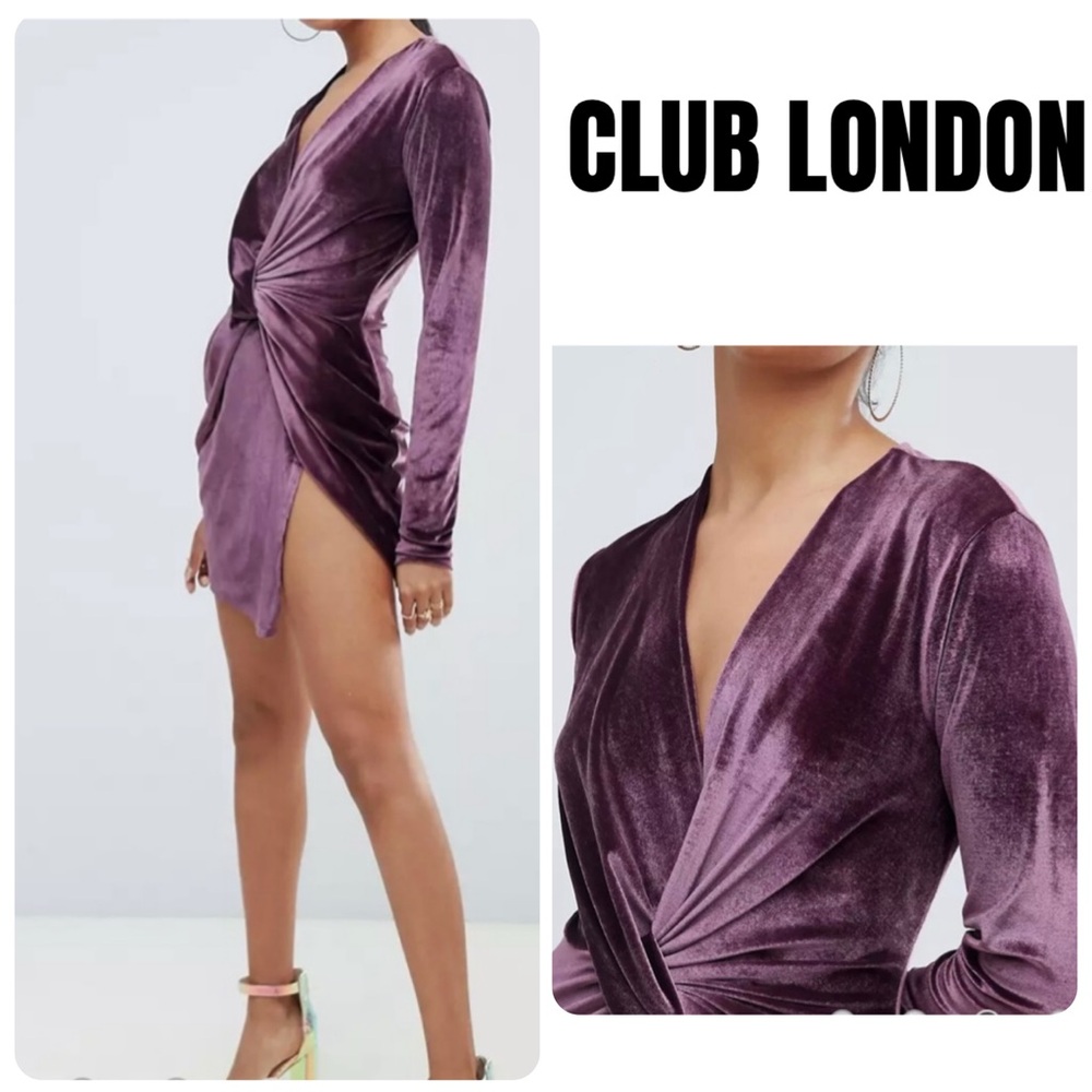 Club L London Purple Plum Velvet Twist Front Mini Dress US 8